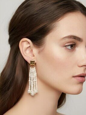 J. Crew Freshwater Pearl Statement Dangle Earrings Cream Gold NWT